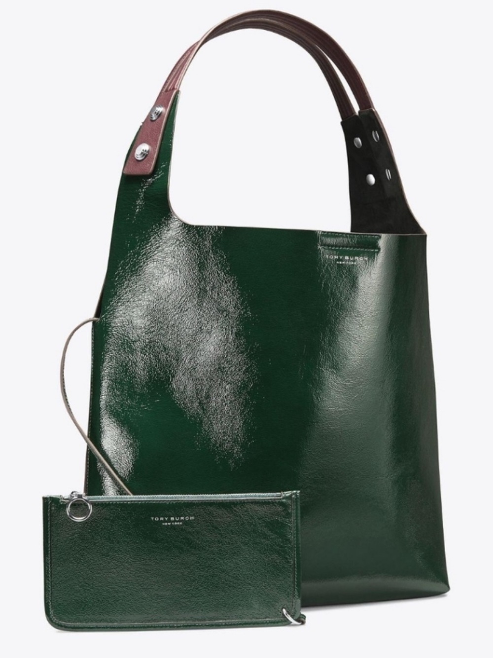 Tory Burch Dark Green Tote with Burgundy Handles